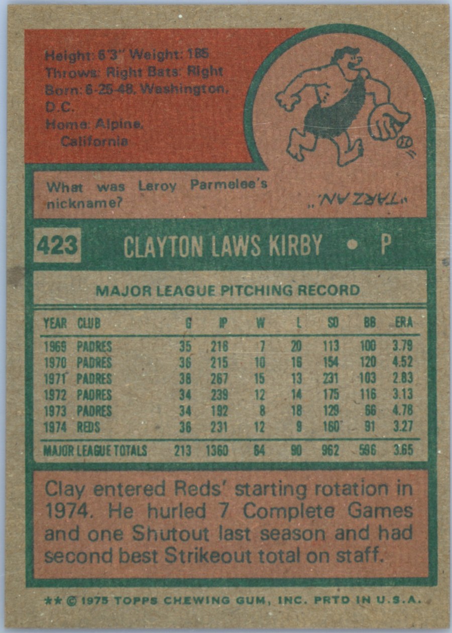 1975 Topps #423 Clay Kirby card back
