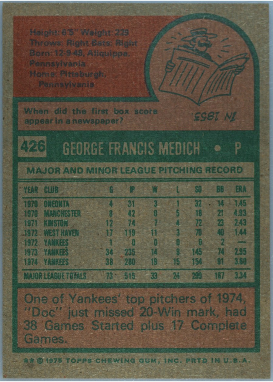 1975 Topps #426 George Medich card back