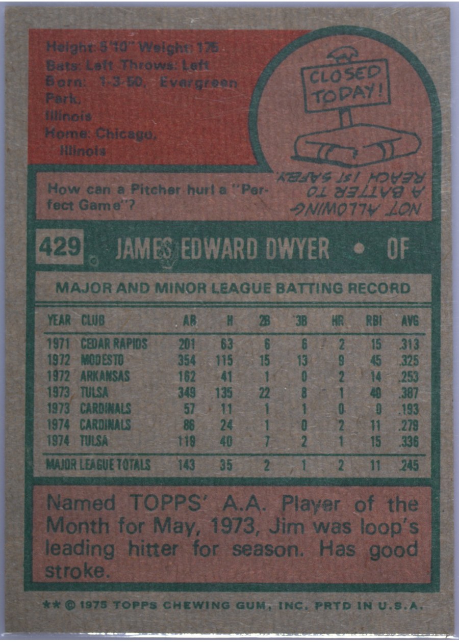 1975 Topps #429 Jim Dwyer card back