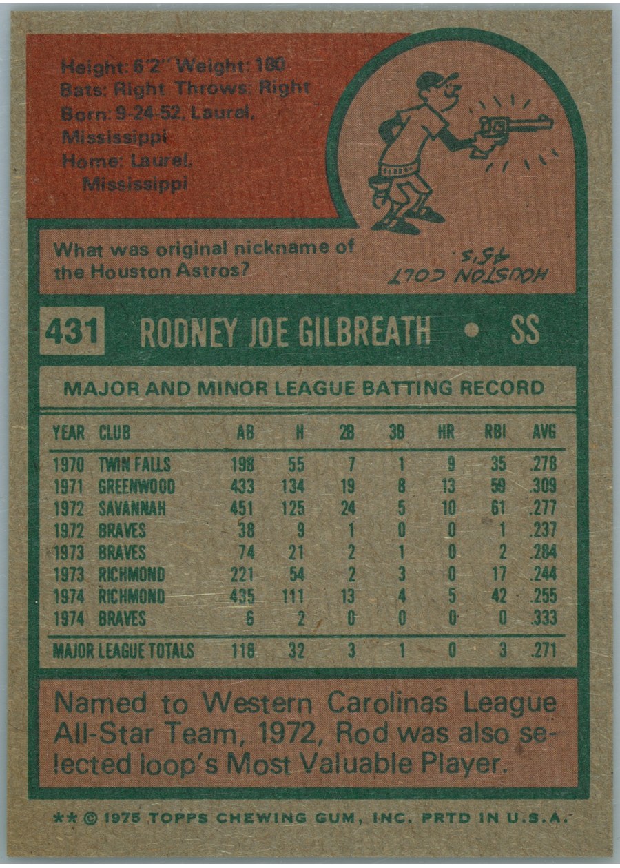 1975 Topps #431 Rod Gilbreath card back