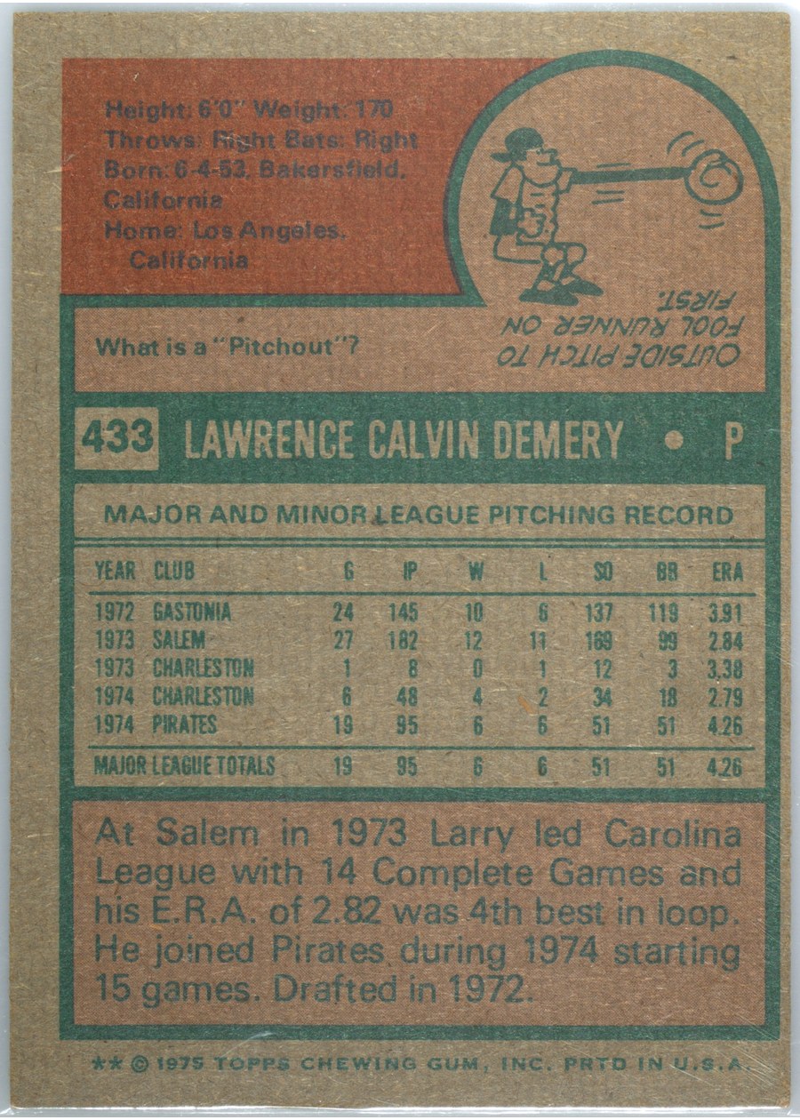 1975 Topps #433 Larry Demery card back