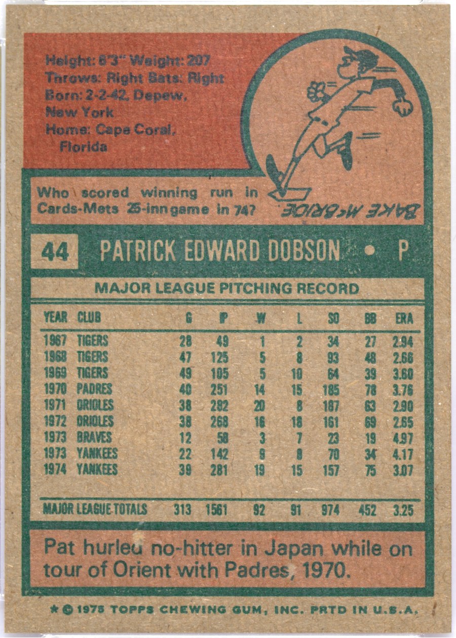 1975 Topps #44 Pat Dobson card back