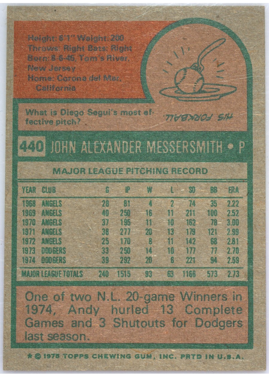 1975 Topps #440 Andy Messersmith card back