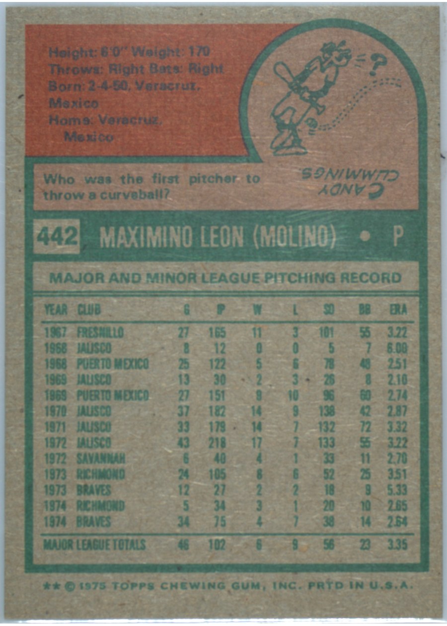1975 Topps #442 Maximino Leon card back