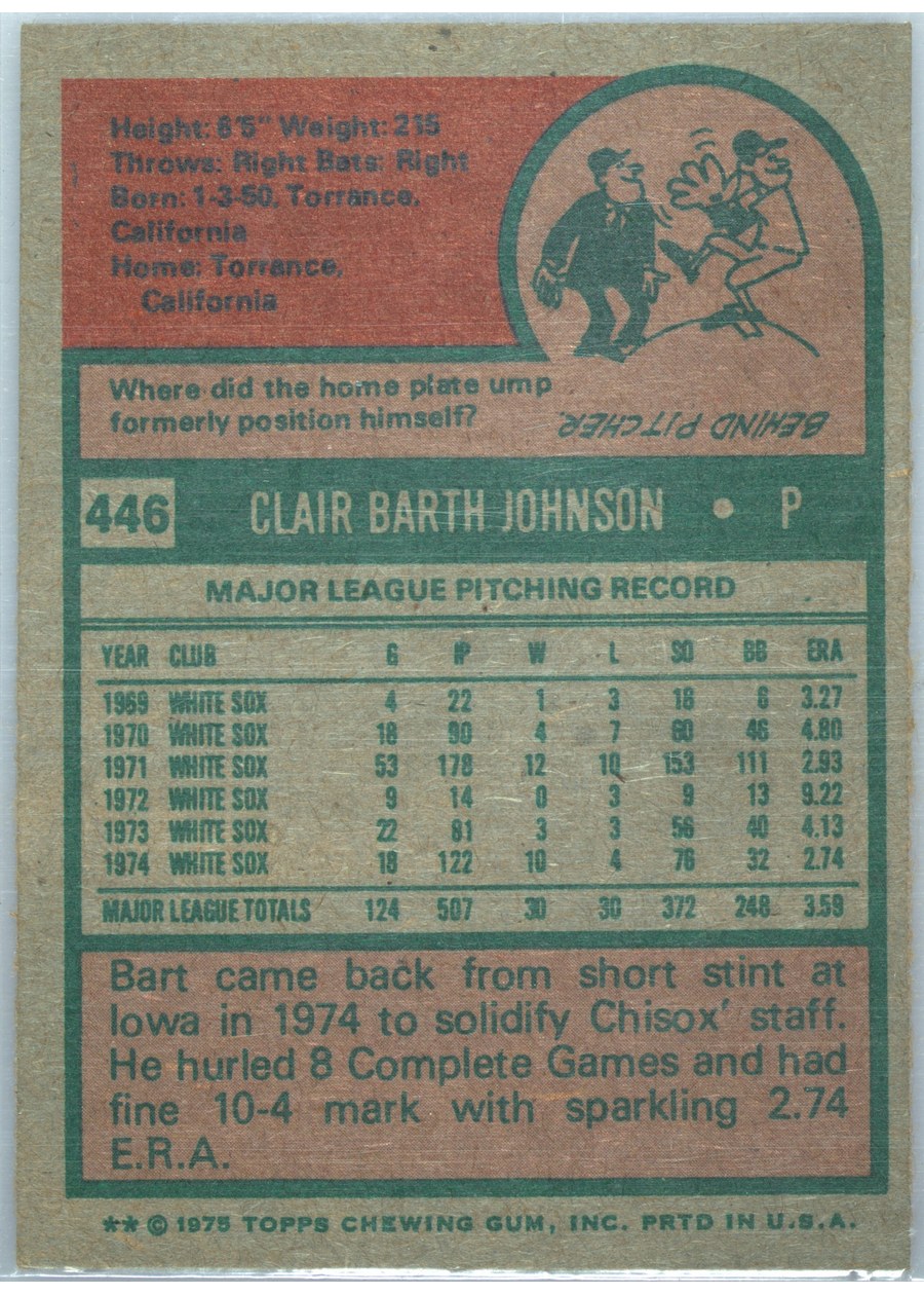 1975 Topps #446 Bart Johnson card back