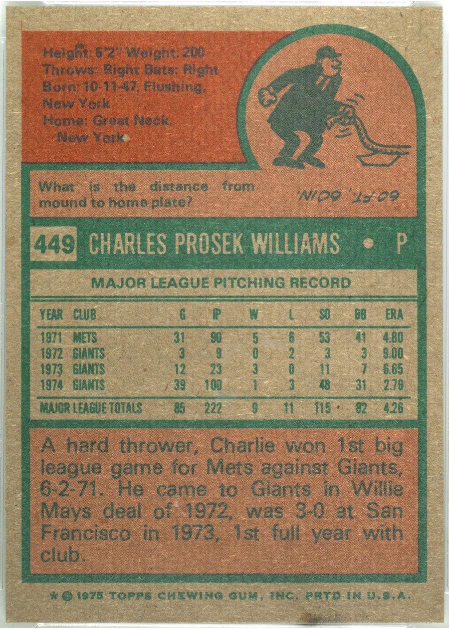 1975 Topps #449 Charlie Williams card back