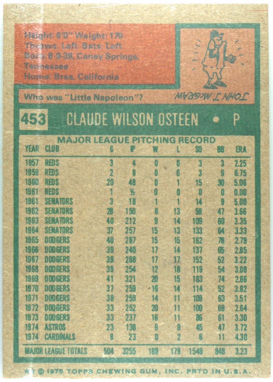 1975 Topps #453 Claude Osteen card back
