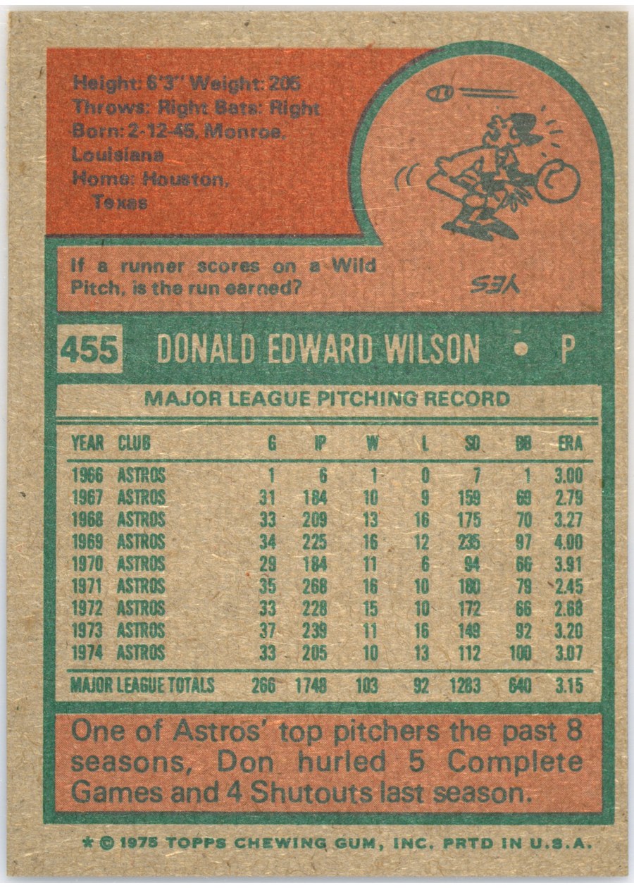 1975 Topps #455 Don Wilson card back