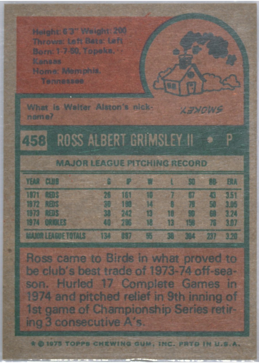 1975 Topps #458 Ross Grimsley card back