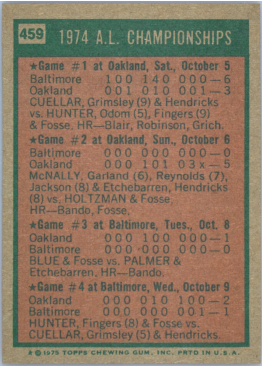 1975 Topps #459 '74 A.L. Championships card back