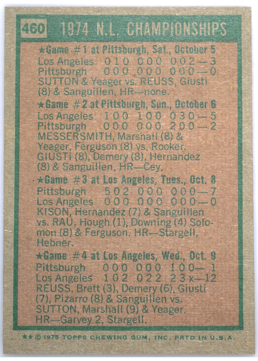 1975 Topps #460 '74 N.L. Championships card back