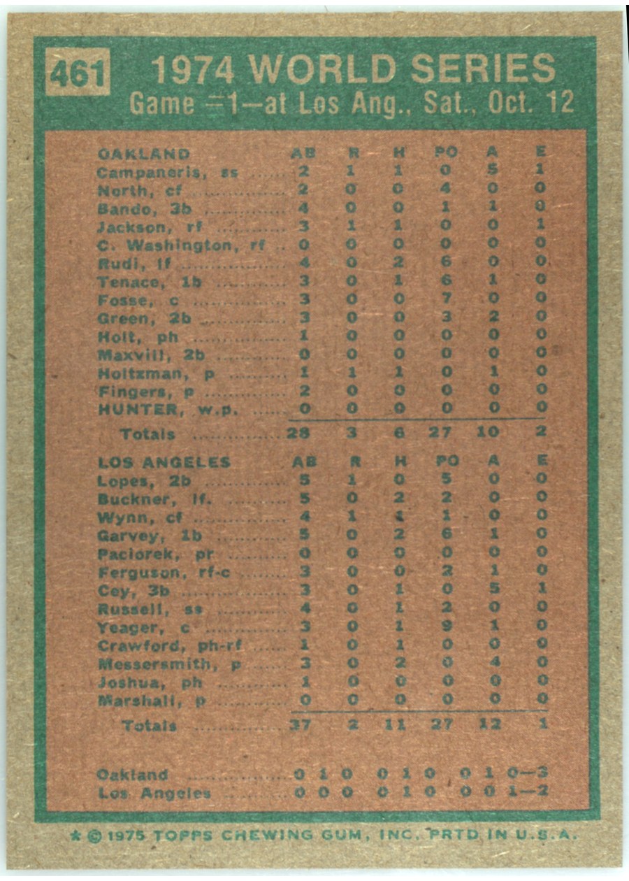 1975 Topps #461 1974 World Series Game 1 card back