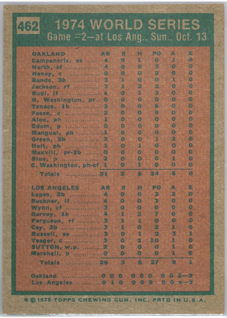 1975 Topps #462 1974 World Series Game 2 card back