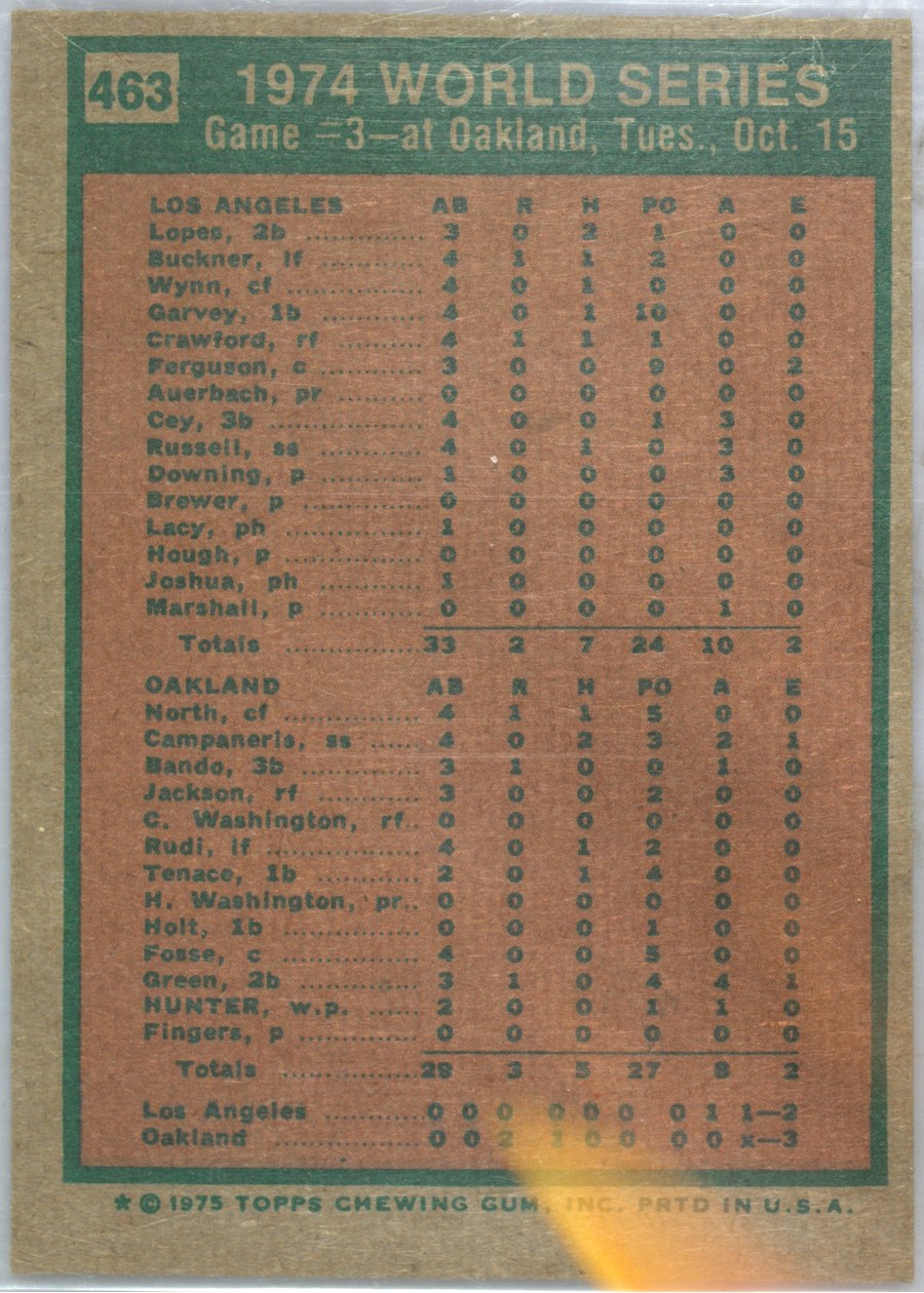 1975 Topps #463 1974 World Series Game 3 card back