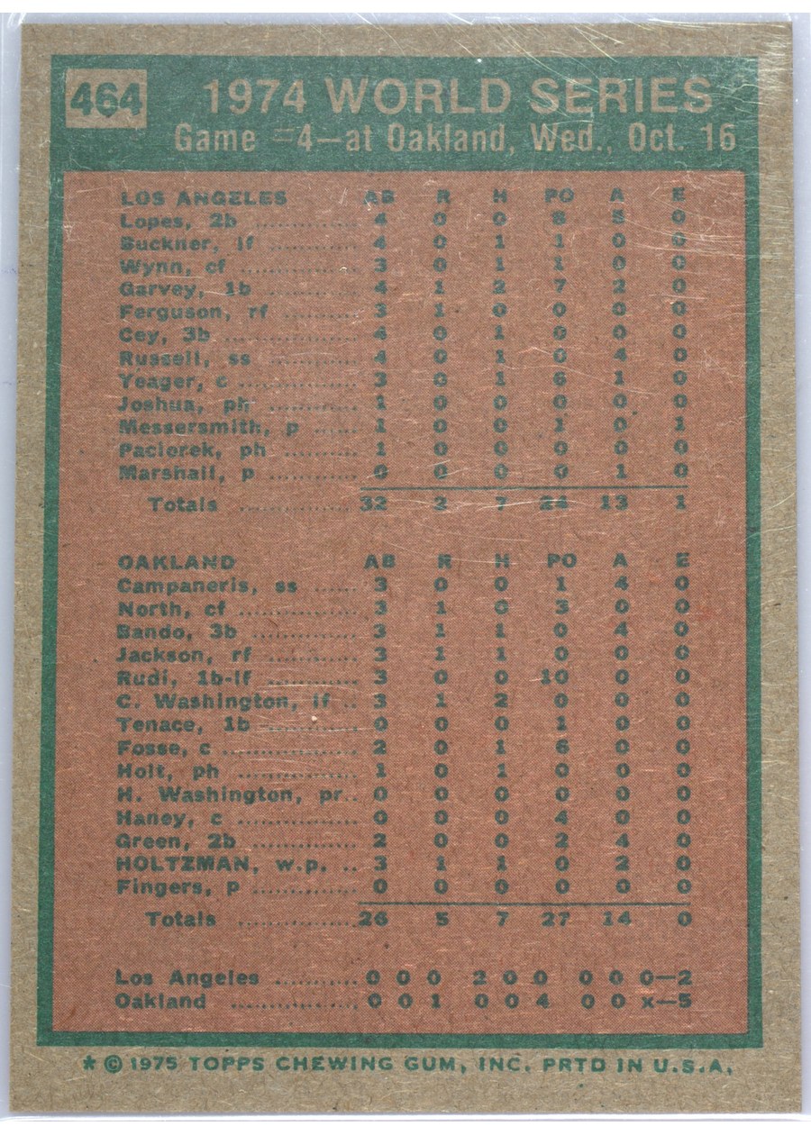 1975 Topps #464 1974 World Series Game 4 card back