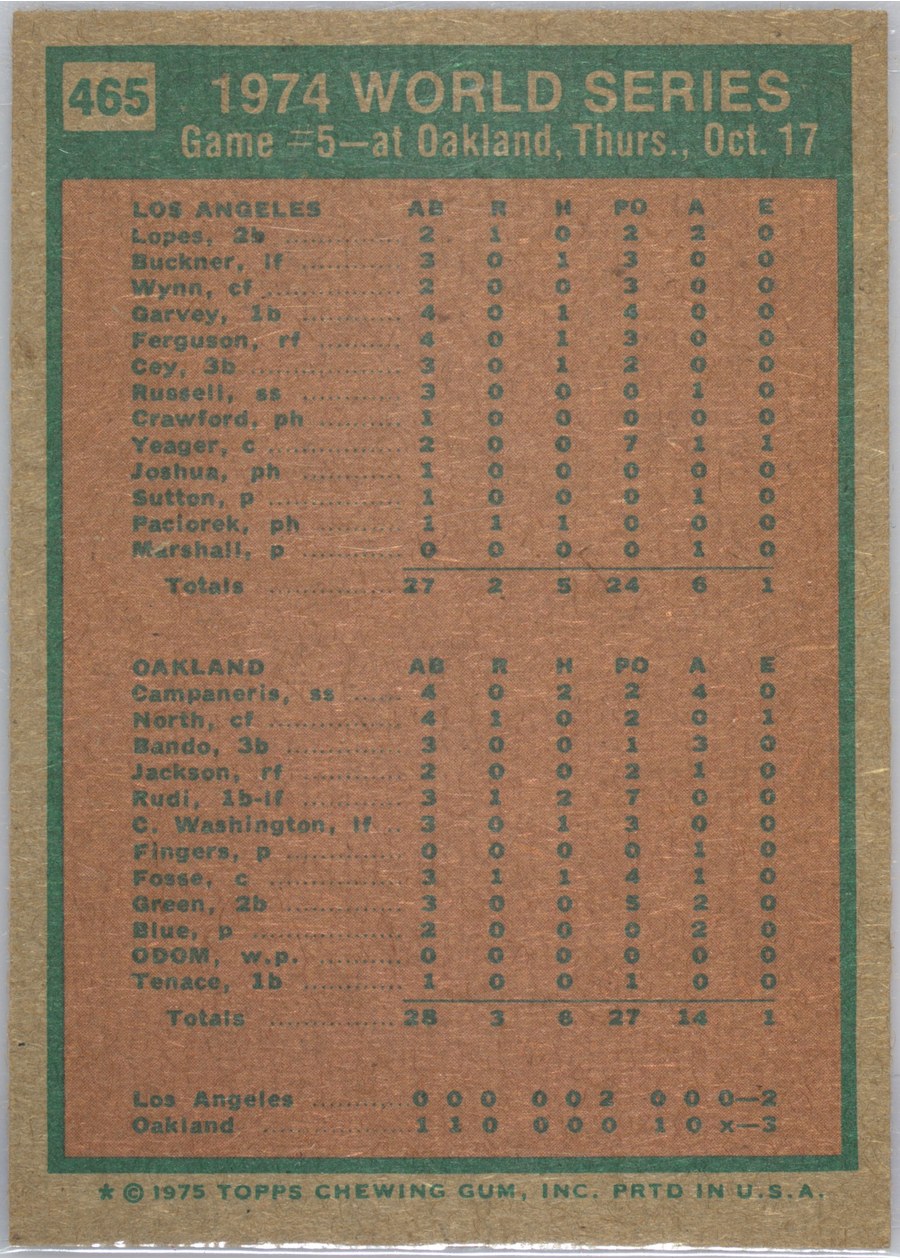 1975 Topps #465 1974 World Series Game 5 card back