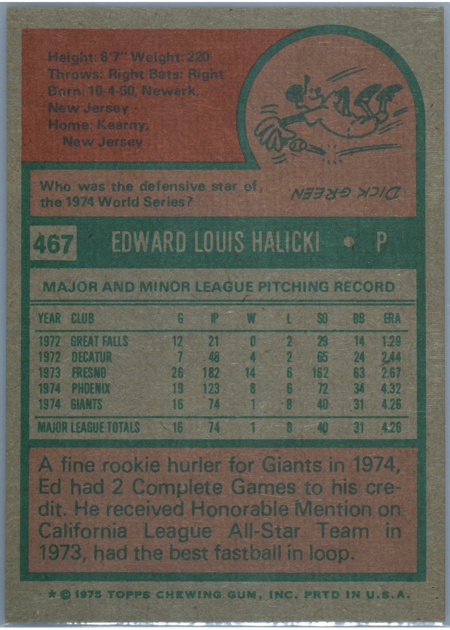 1975 Topps #467 Ed Halicki card back