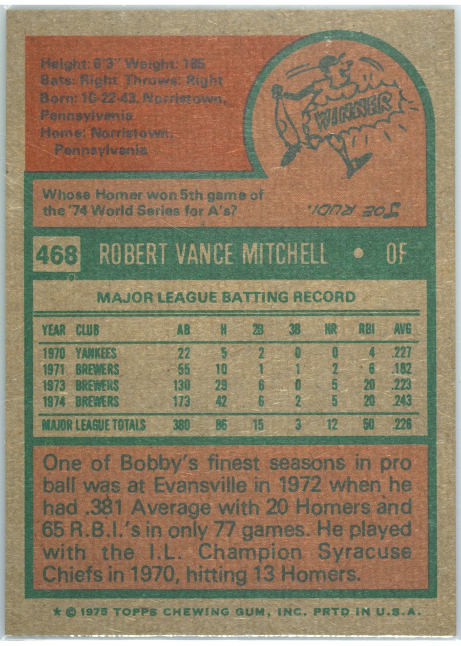 1975 Topps #468 Bobby Mitchell card back