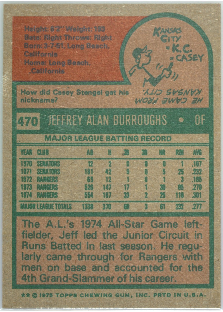 1975 Topps #470 Jeff Burroughs card back