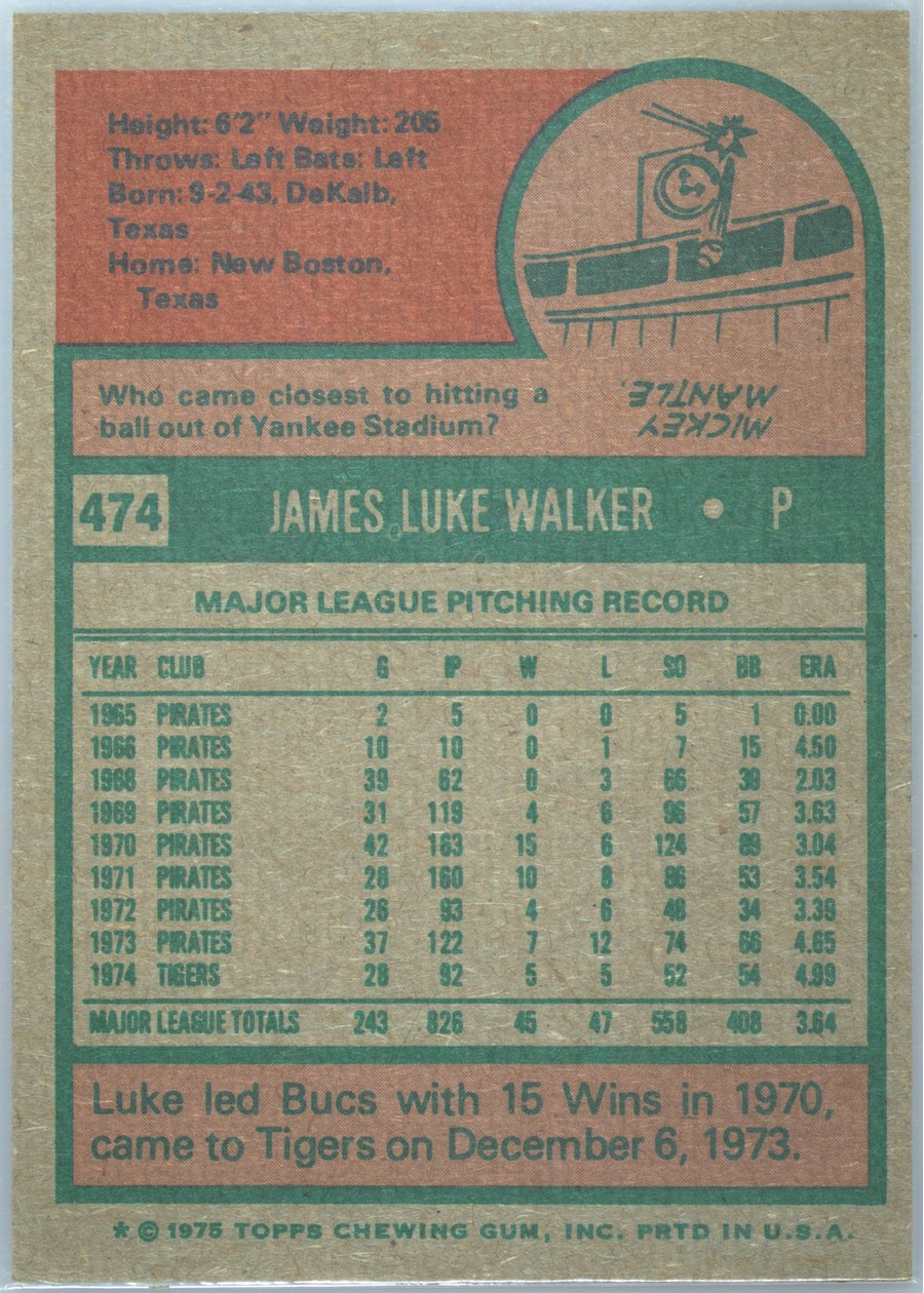1975 Topps #474 Luke Walker card back