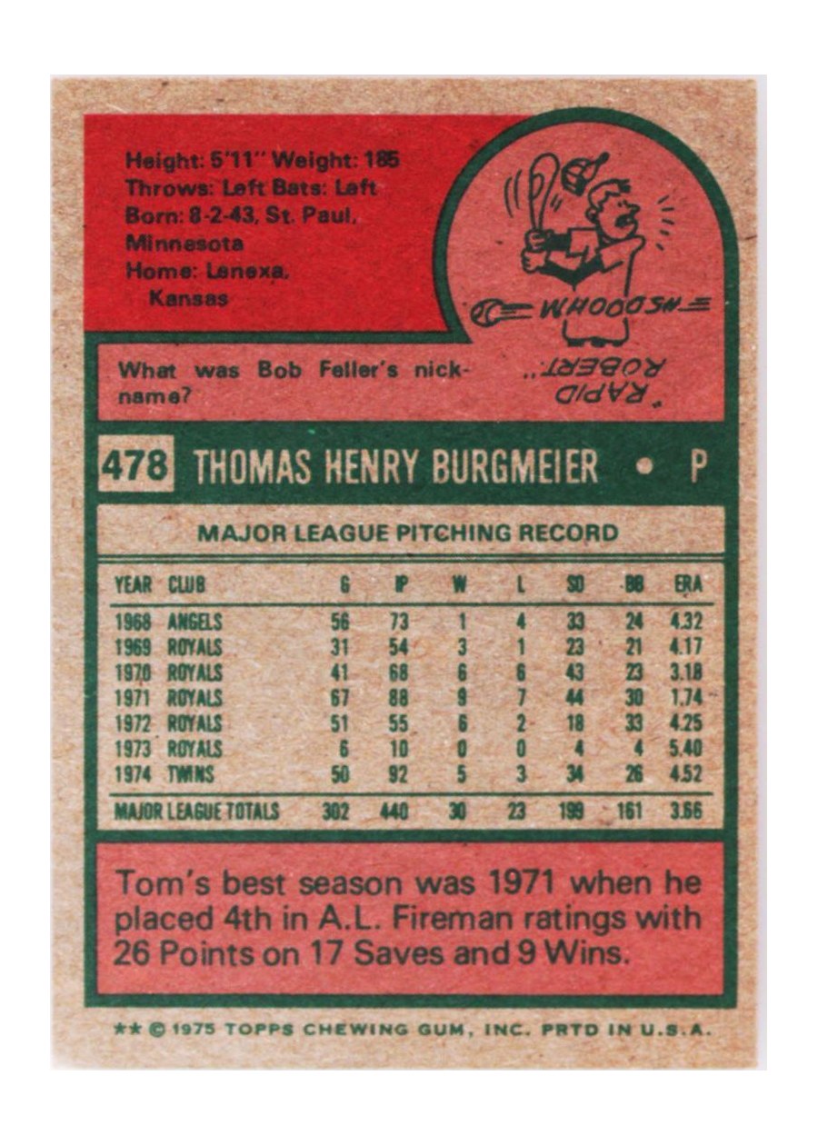 1975 Topps #478 Tom Burgmeier card back