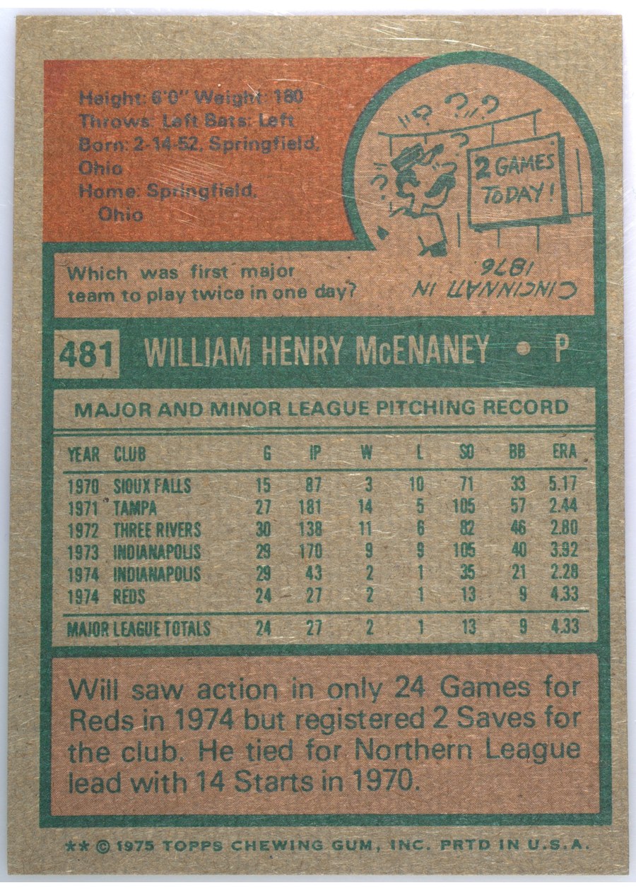 1975 Topps #481 Will McEnaney card back