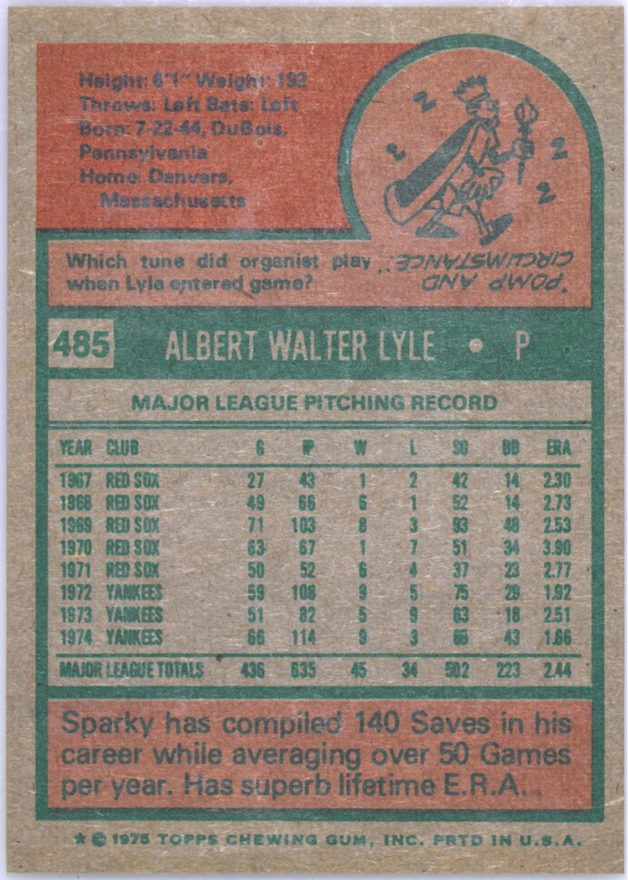 1975 Topps #485 Sparky Lyle card back
