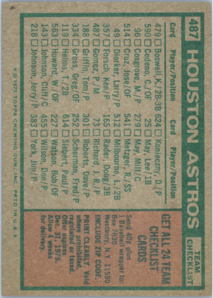 1975 Topps #487 Houston Astros card back