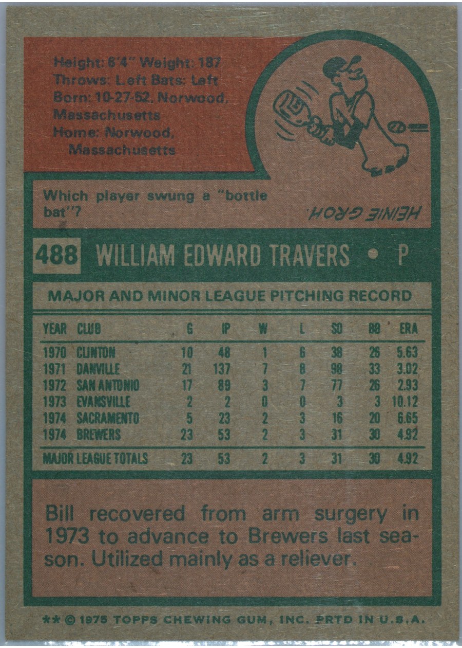 1975 Topps #488 Bill Travers card back