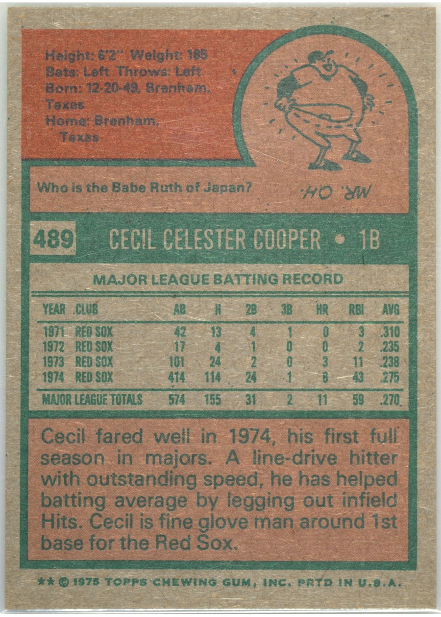 1975 Topps #489 Cecil Cooper card back