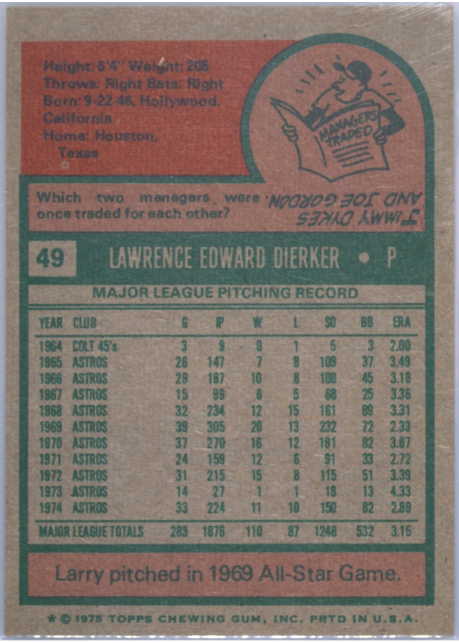 1975 Topps #49 Larry Dierker card back