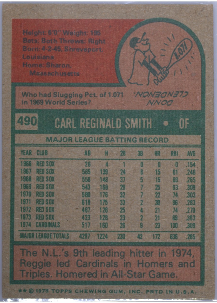 1975 Topps #490 Reggie Smith card back