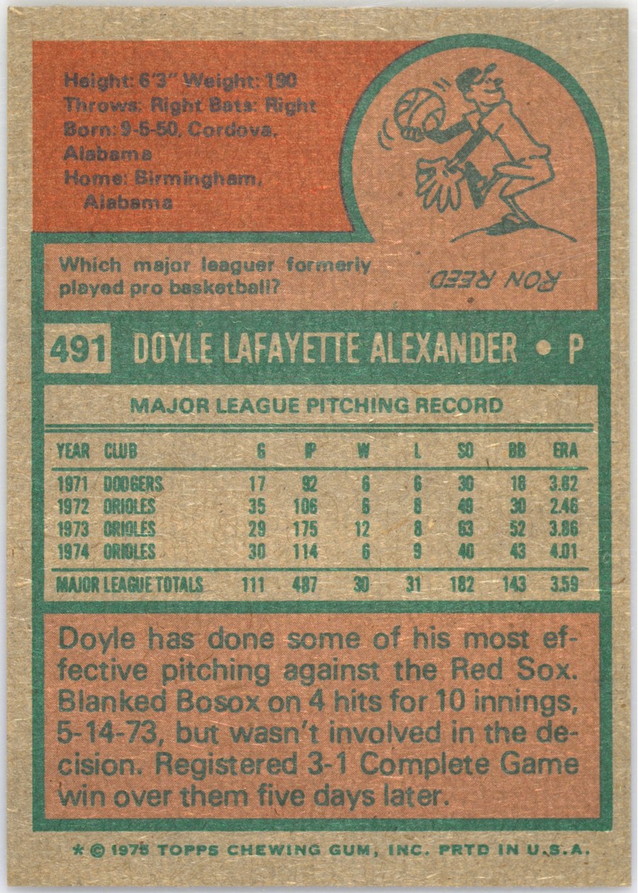 1975 Topps #491 Doyle Alexander card back