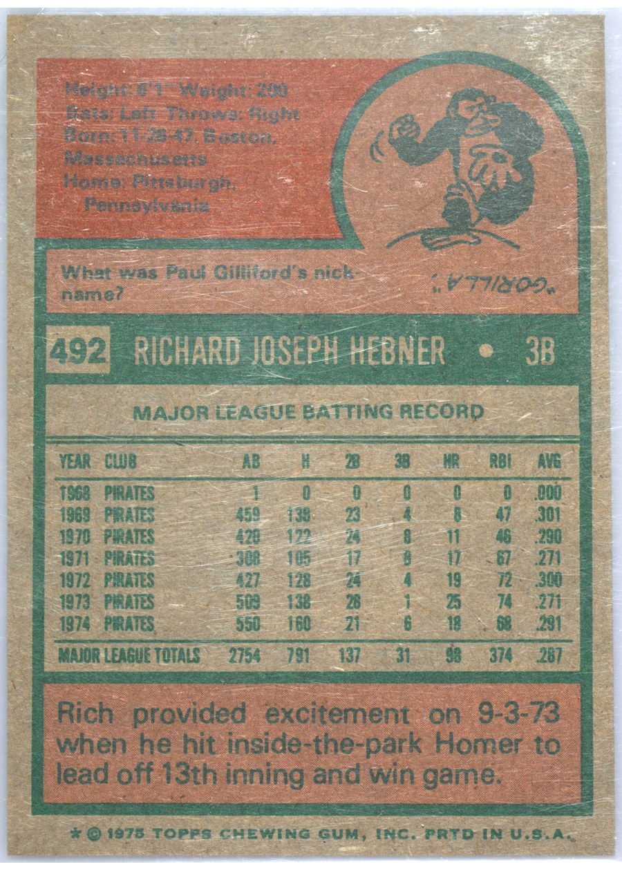 1975 Topps #492 Rich Hebner card back