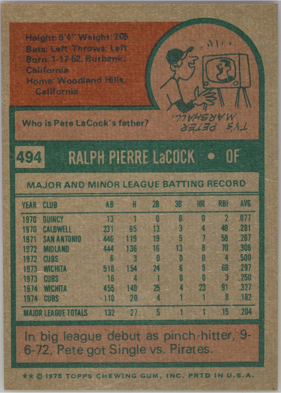1975 Topps #494 Pete LaCock card back