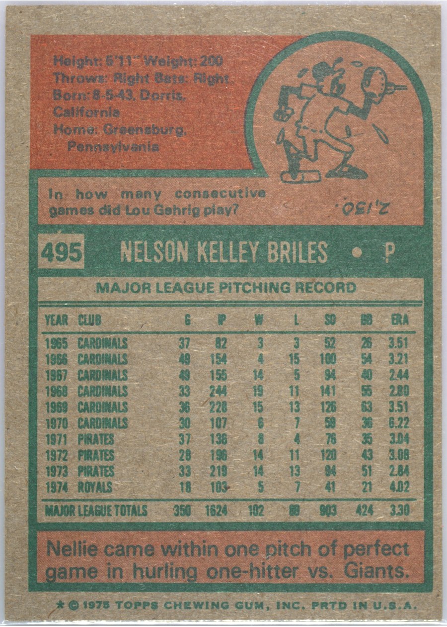 1975 Topps #495 Nelson Briles card back