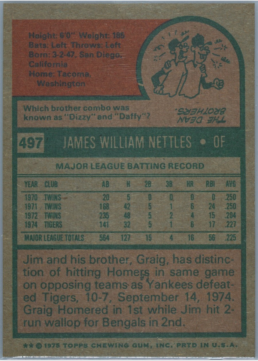 1975 Topps #497 Jim Nettles card back