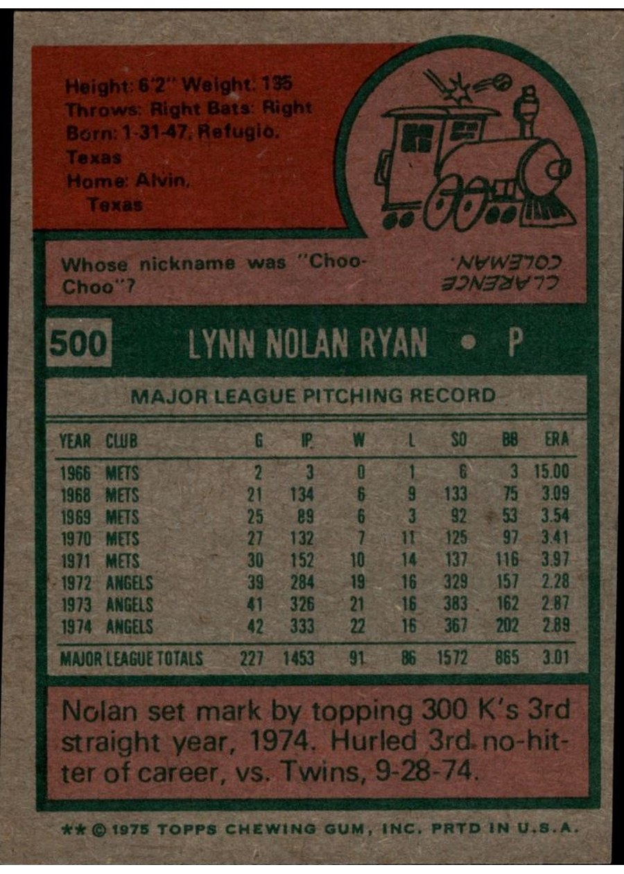 1975 Topps #500 Nolan Ryan card back