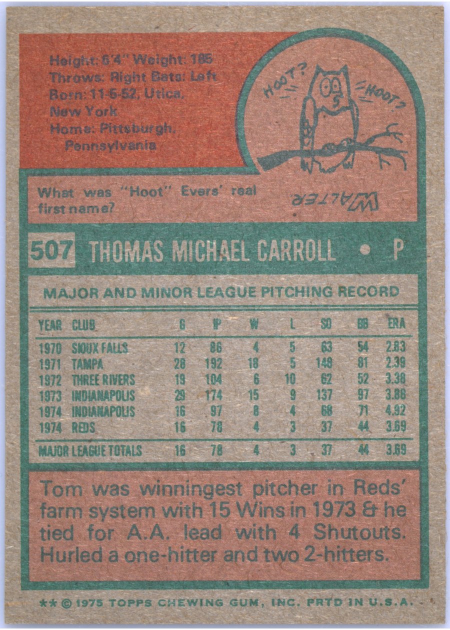 1975 Topps #507 Tom Carroll card back
