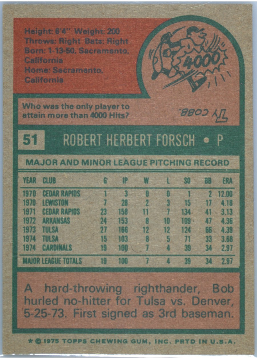 1975 Topps #51 Bob Forsch card back