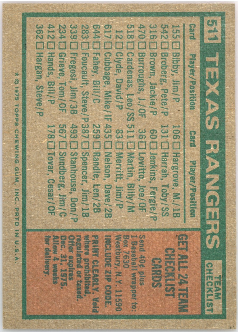 1975 Topps #511 Texas Rangers card back