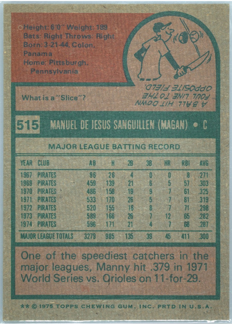 1975 Topps #515 Manny Sanguillen card back