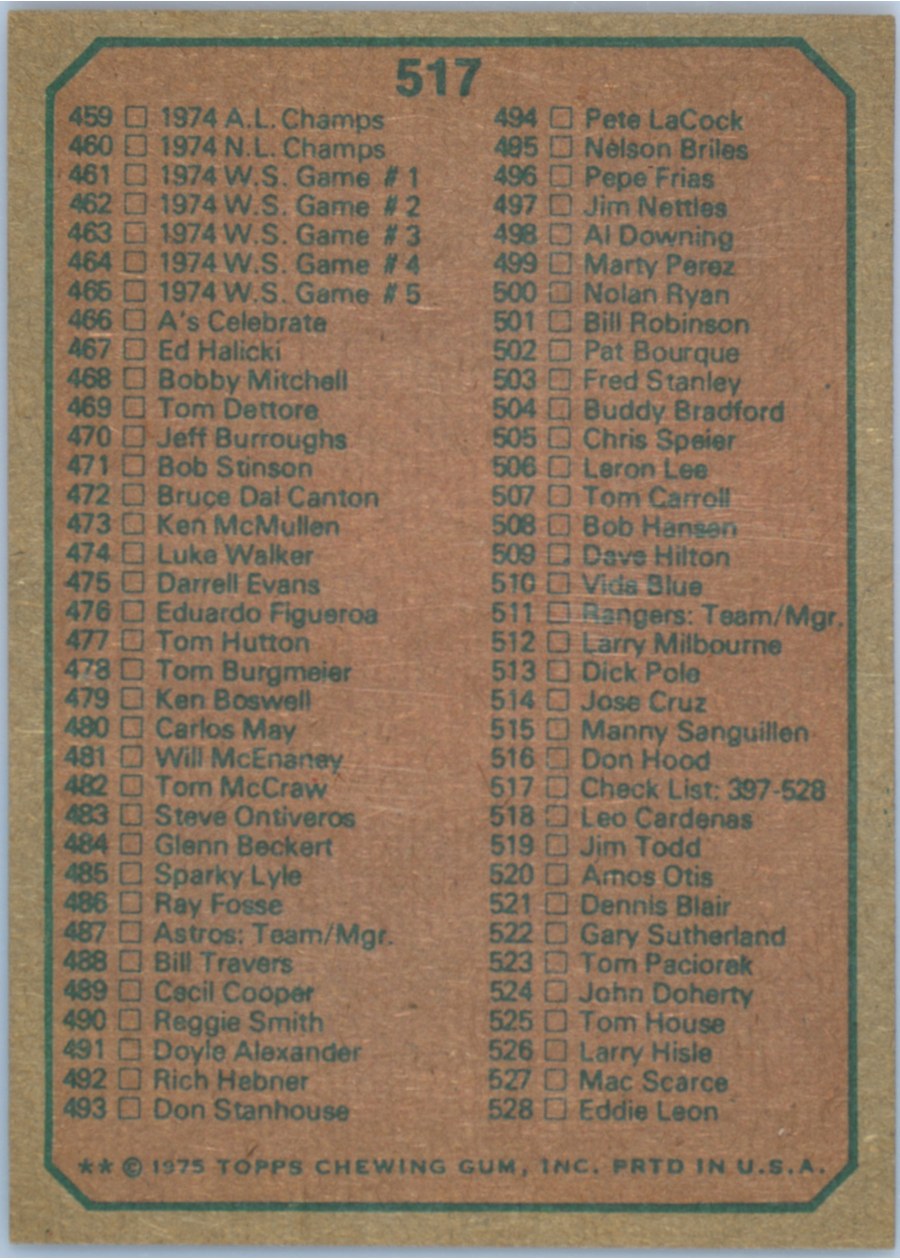 1975 Topps #517 Checklist: 397-528 card back