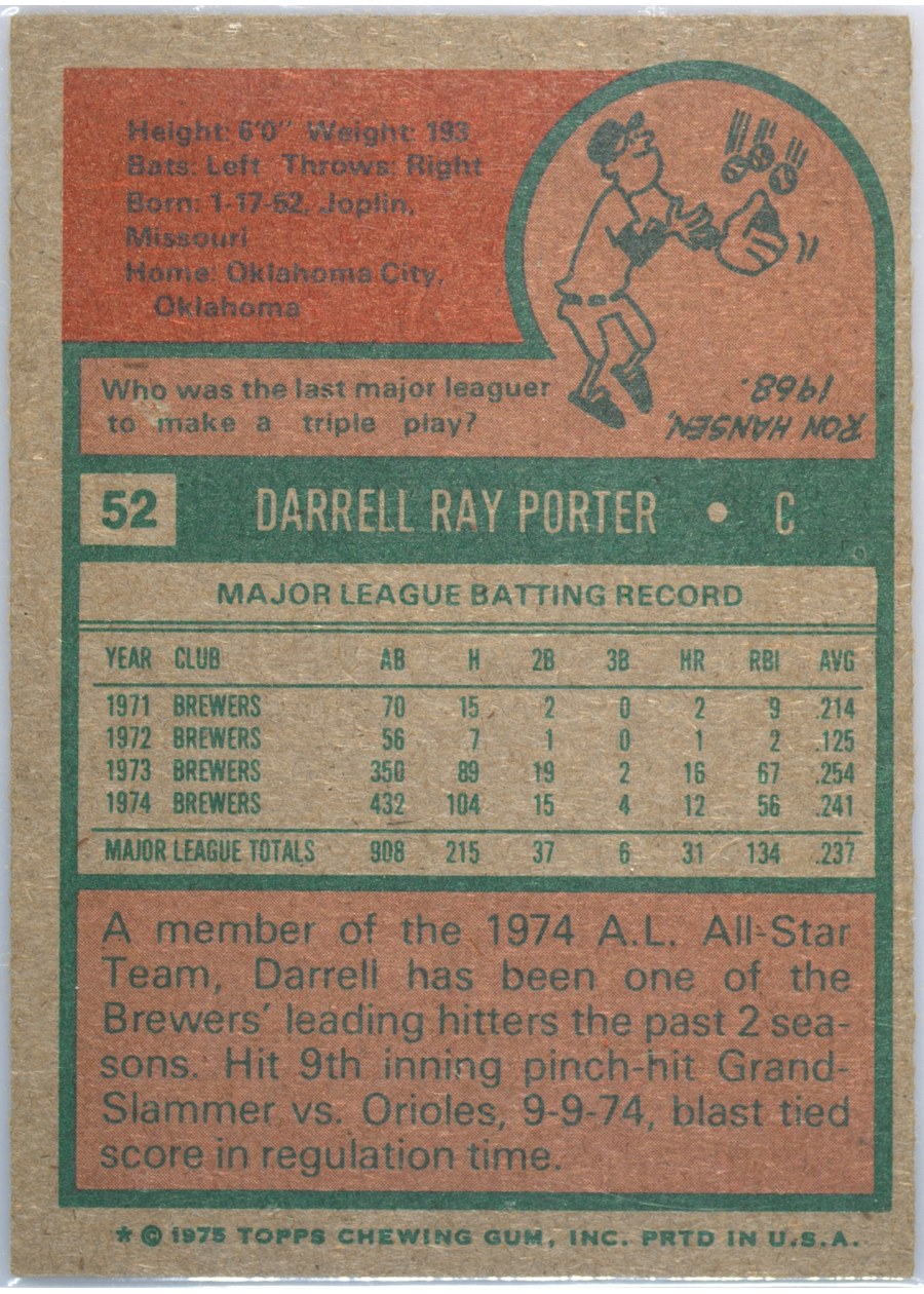 1975 Topps #52 Darrell Porter card back