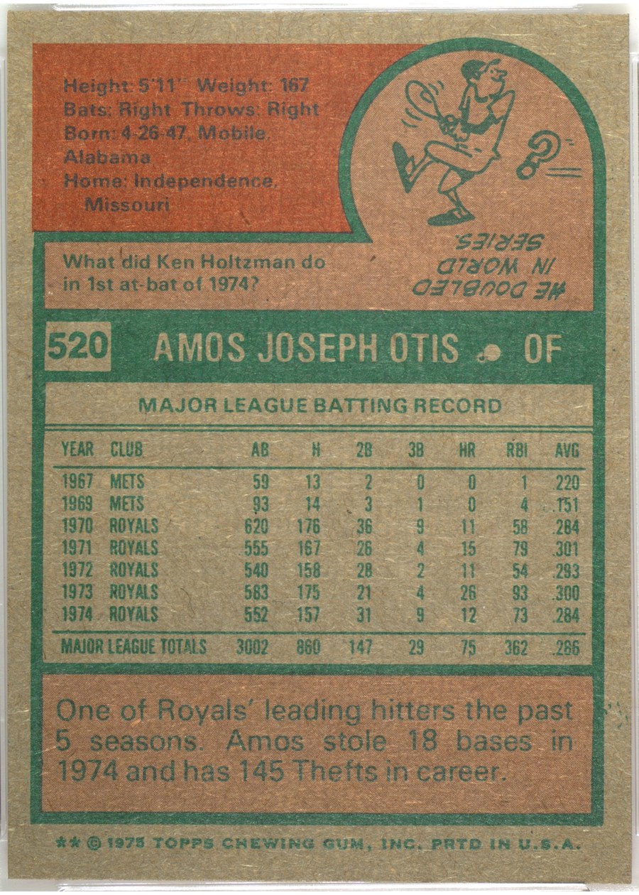 1975 Topps #520 Amos Otis card back