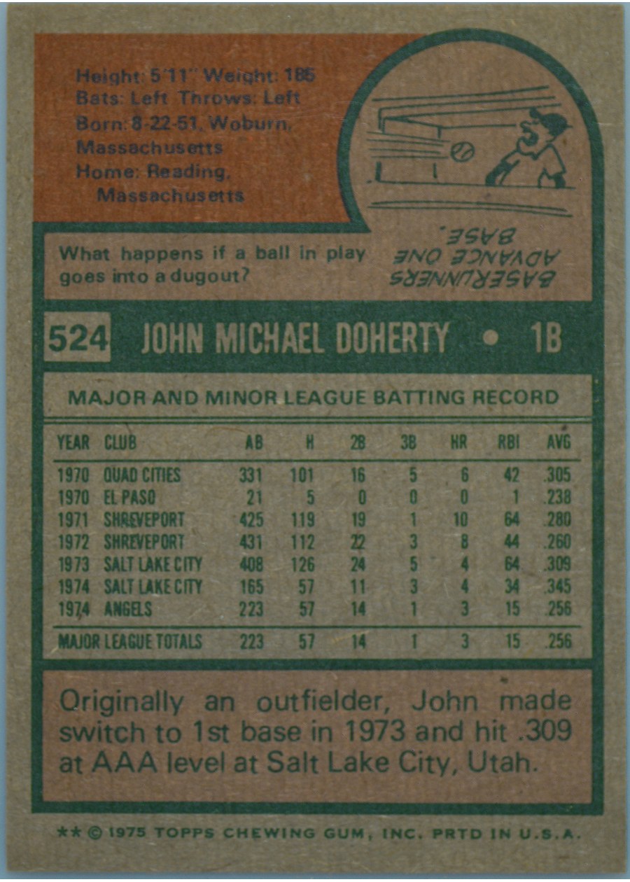 1975 Topps #524 John Doherty card back