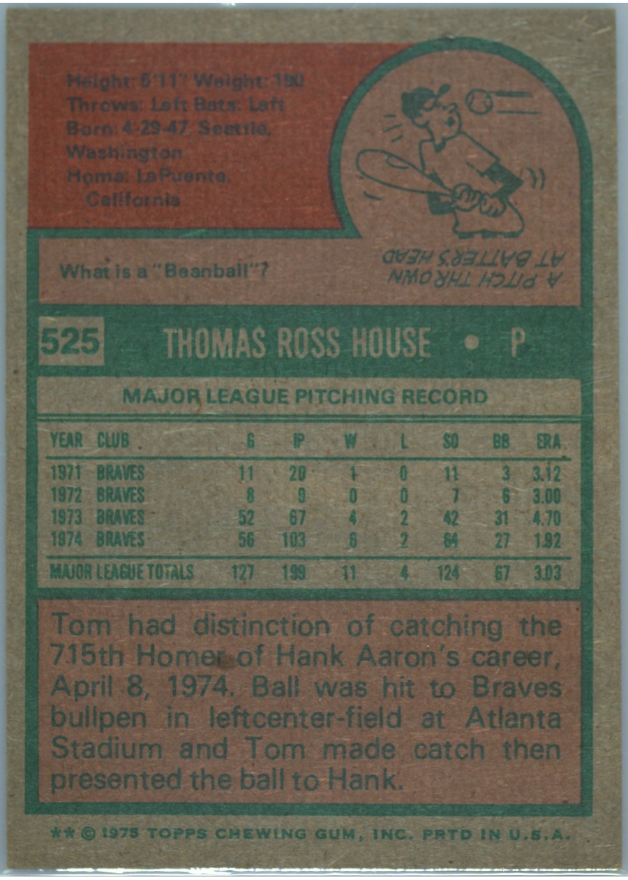 1975 Topps #525 Tom House card back
