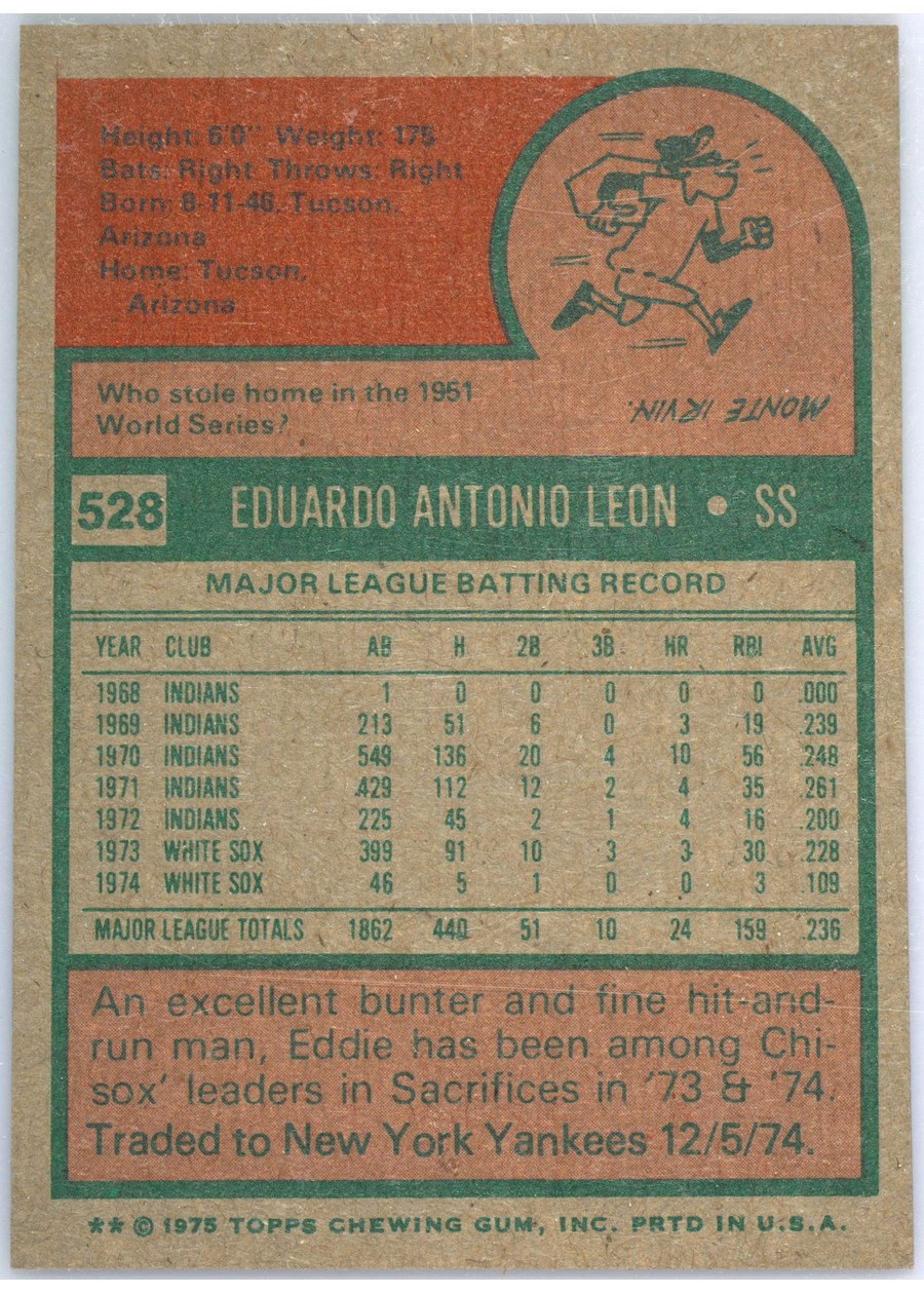 1975 Topps #528 Eddie Leon card back