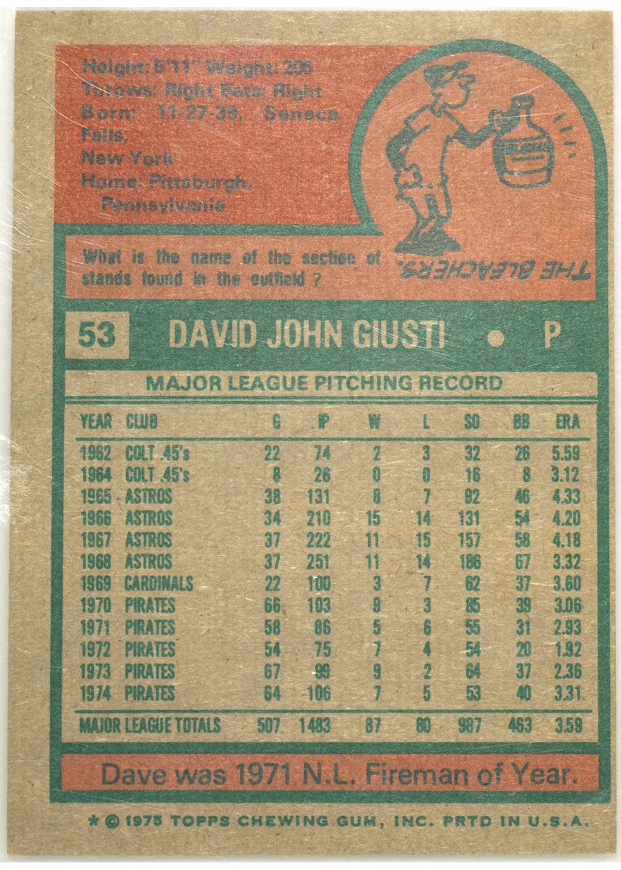 1975 Topps #53 Dave Giusti card back