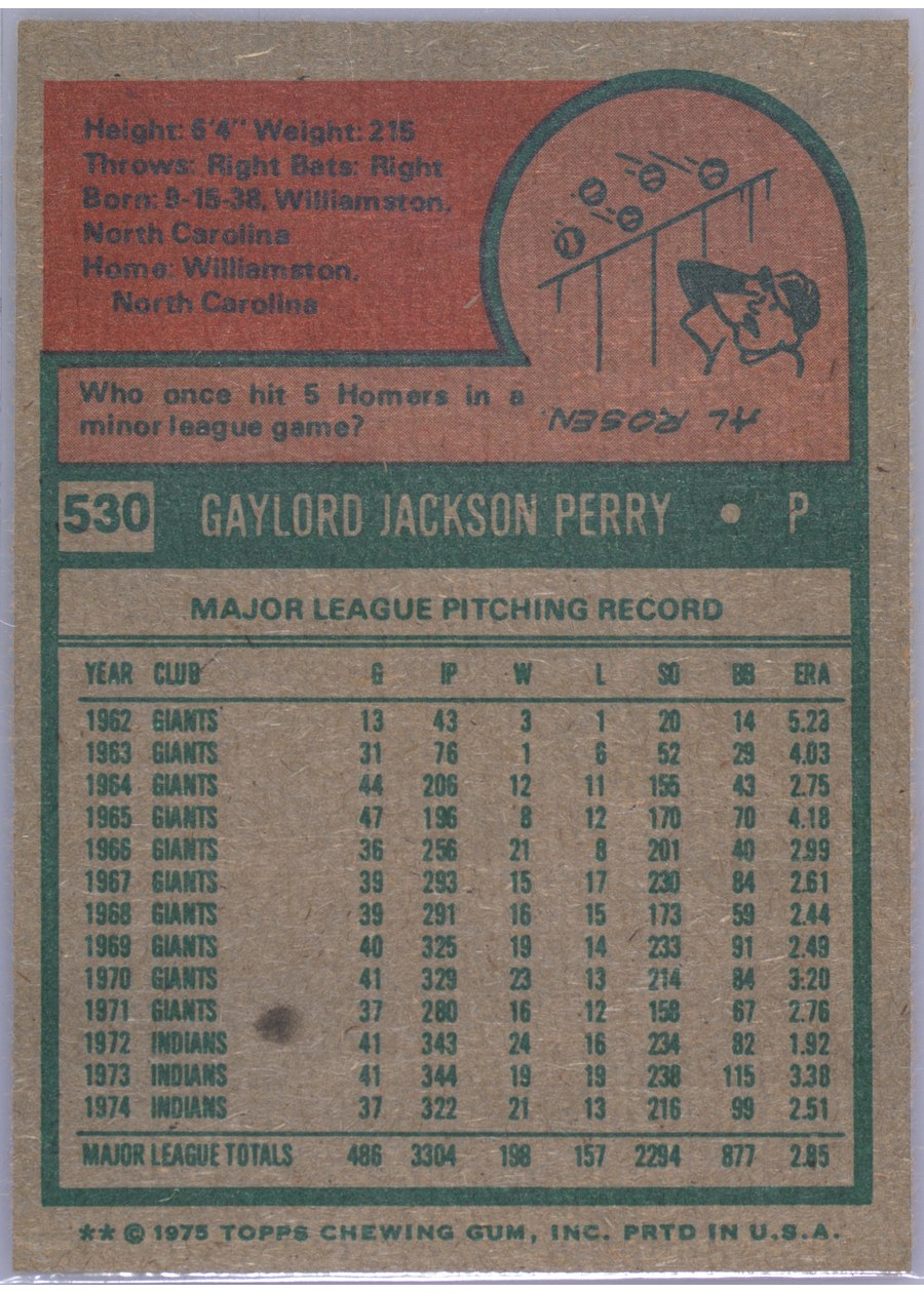1975 Topps #530 Gaylord Perry card back